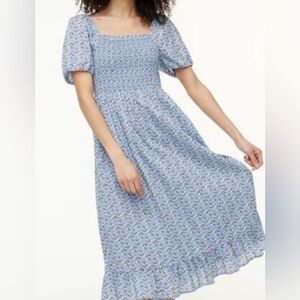 NWT J.Crew Factory Floral Smocked Bodice Boho Puffed Sleeve Midi Dress Size S
